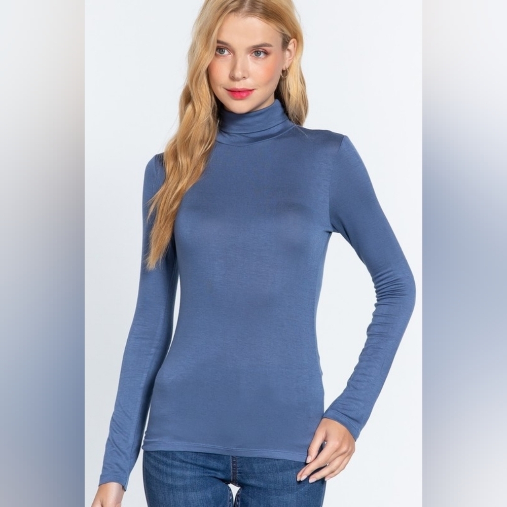 Coastal Blue Second Skin Semi Sheer Turtleneck Long Sleeve Tee Shirt